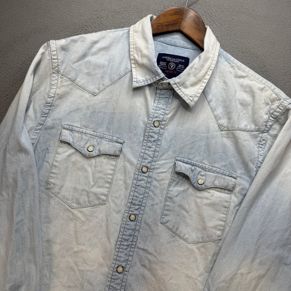 American Eagle Vintage Fit Western Pearl Snap Shirt Mens L Light Blue Denim